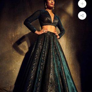 Seema Gujral Dark Green Velvet Lehenga Set